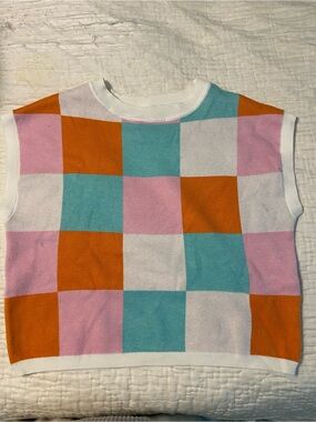 Colorblock Checker Knit Tank Top - White, Pink, Orange, Teal -